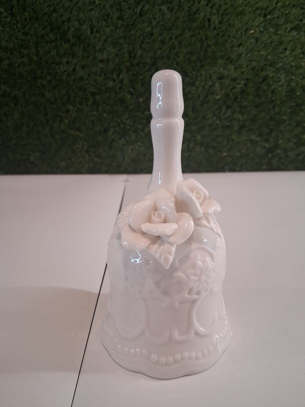 Vintage Porcelain White Hand Bell Carved Flowers Sculpted Rose Decor Shabby